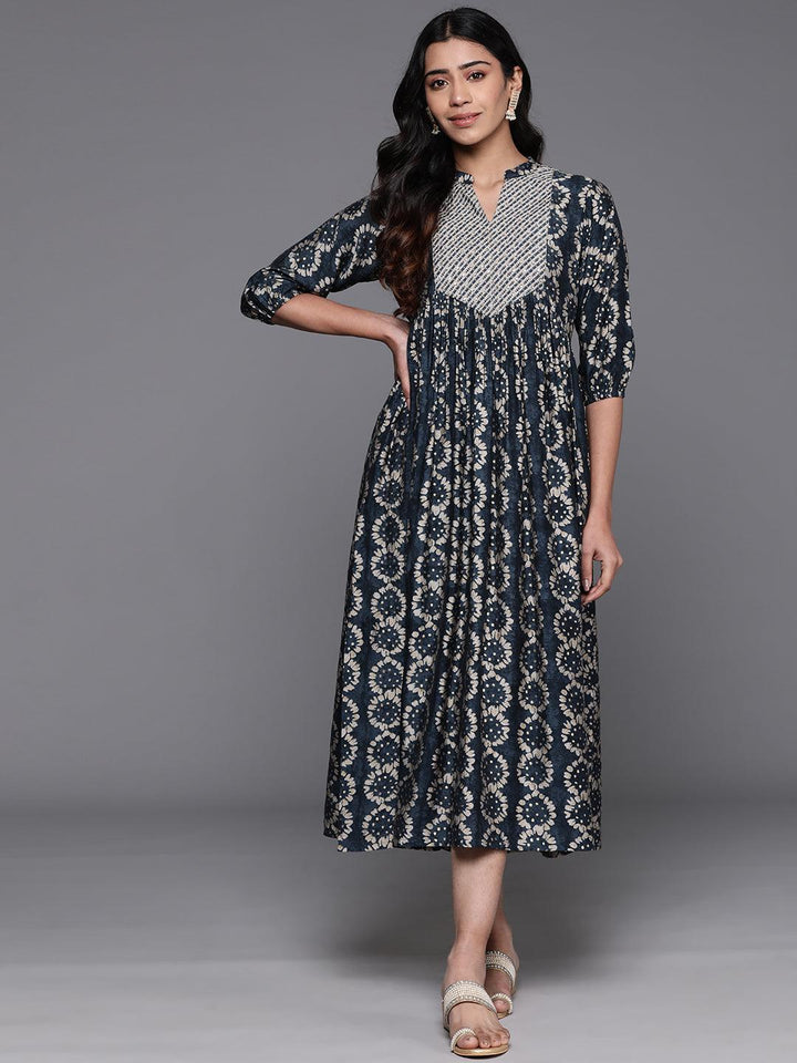 Grey Printed Silk Fit and Flare Dress - Libas