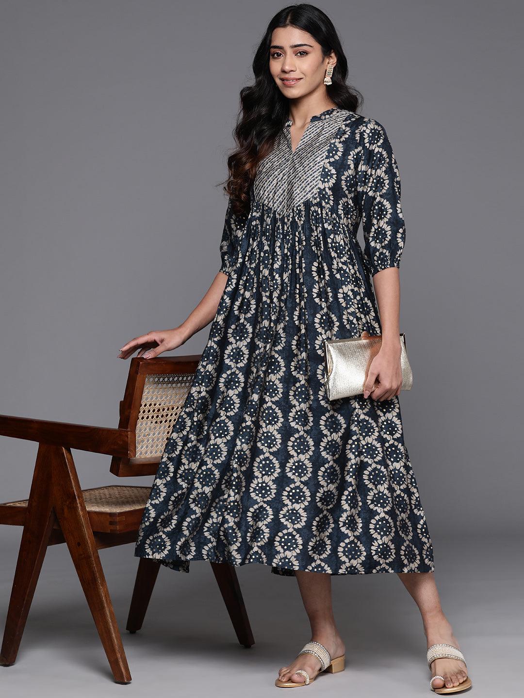 Grey Printed Silk Fit and Flare Dress - Libas 