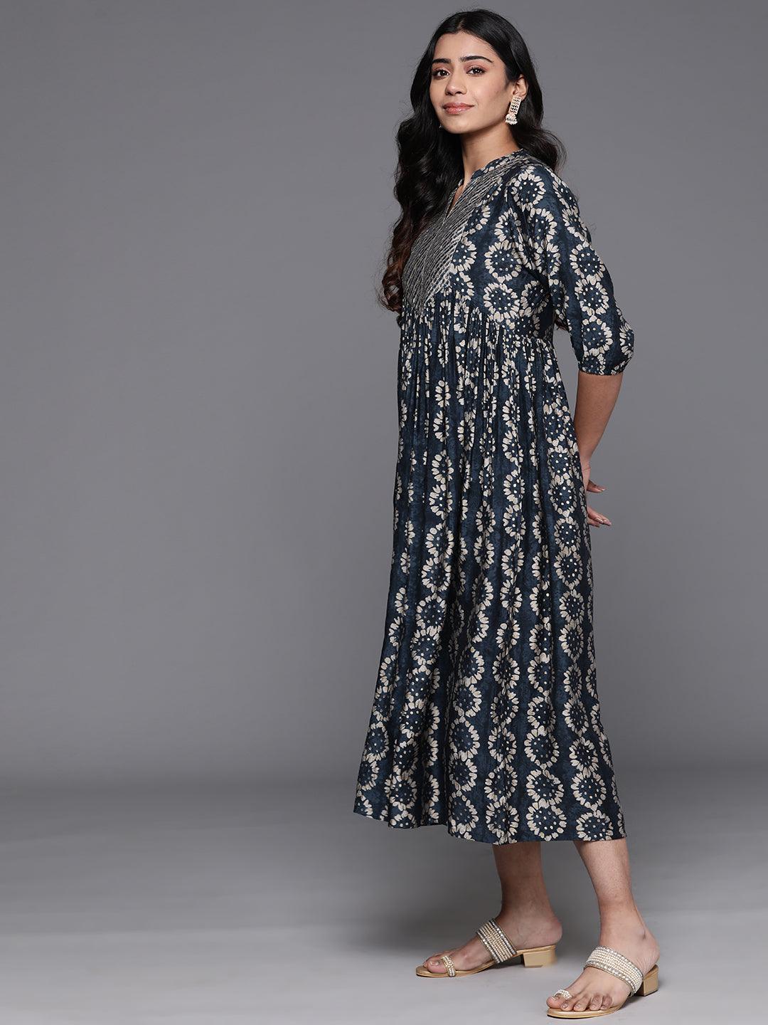 Grey Printed Silk Fit and Flare Dress - Libas