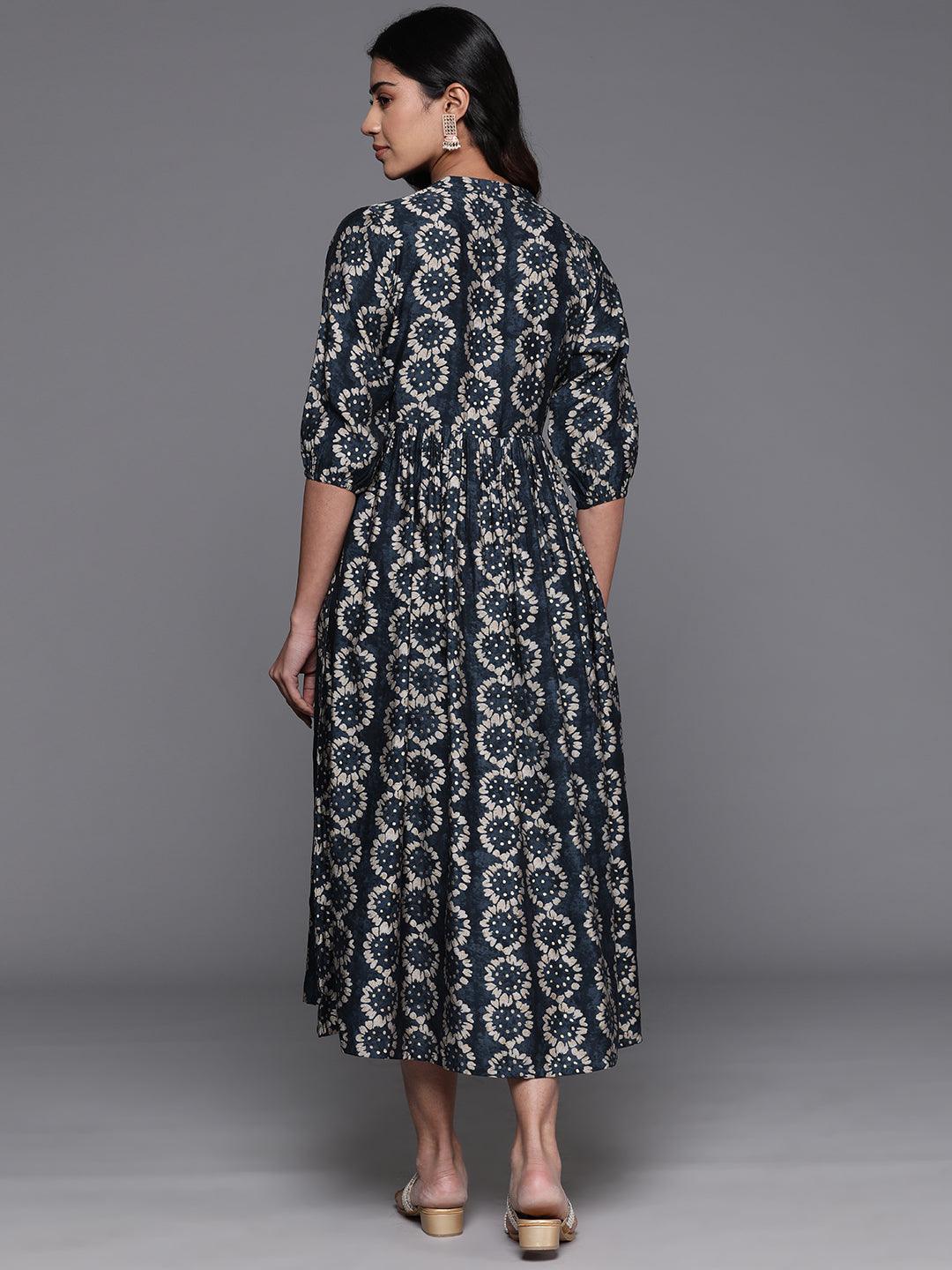 Grey Printed Silk Fit and Flare Dress - Libas 