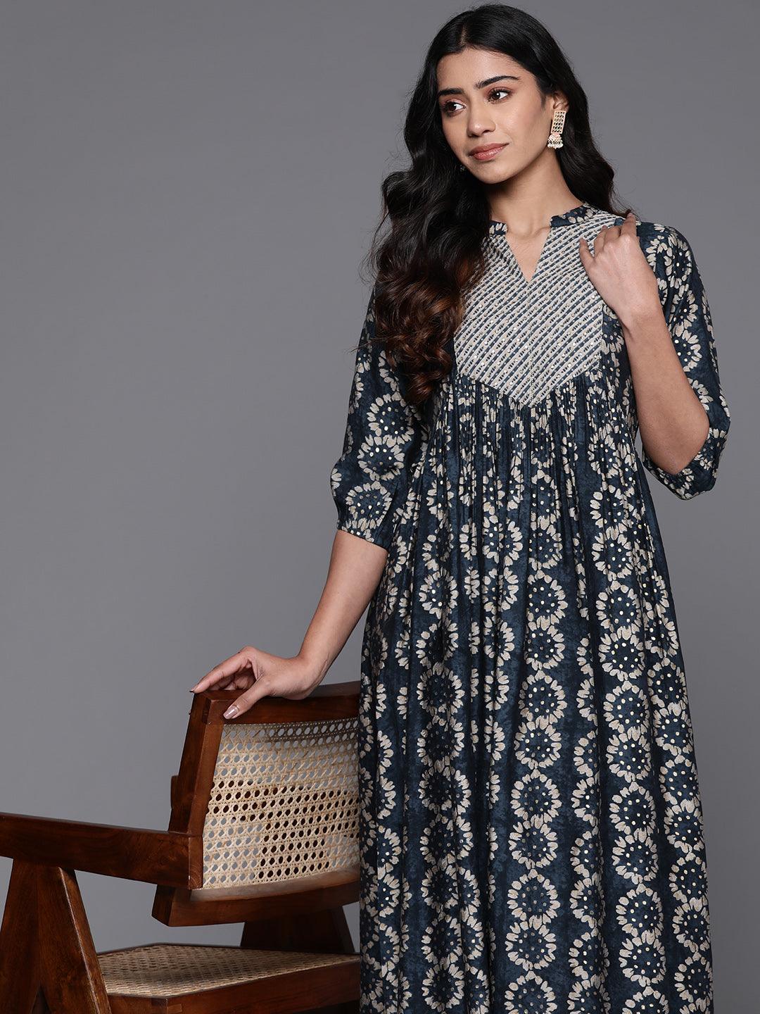 Grey Printed Silk Fit and Flare Dress - Libas 