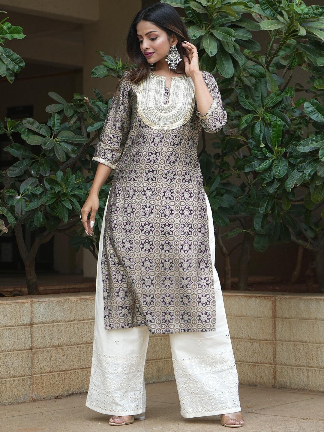 Grey Printed Silk Straight Kurta - Libas 