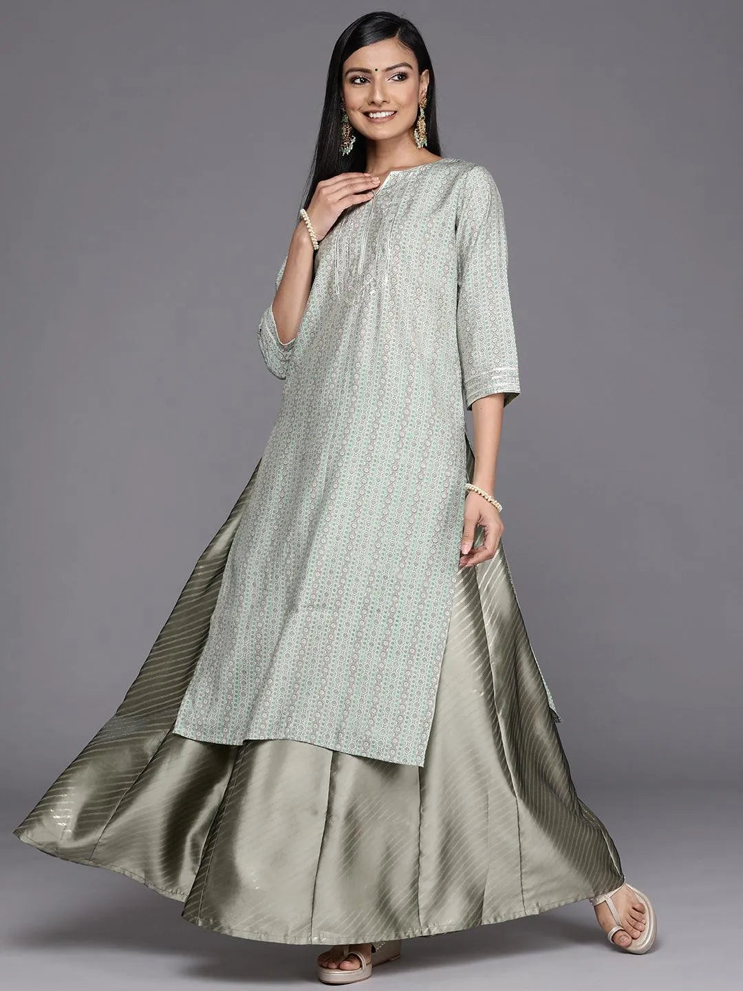 Grey Printed Silk Straight Kurta - Libas 