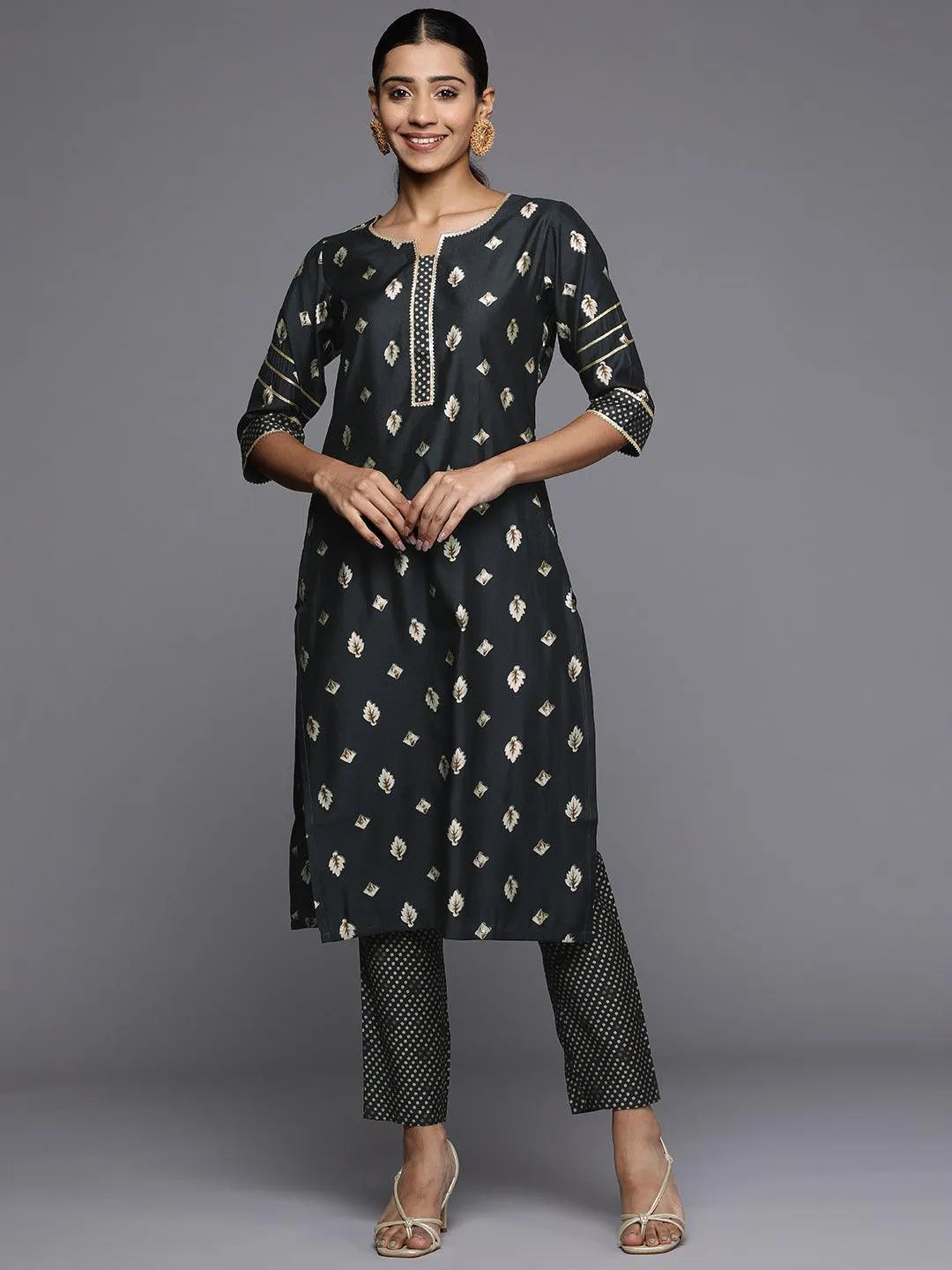 Grey Printed Silk Straight Kurta - Libas 