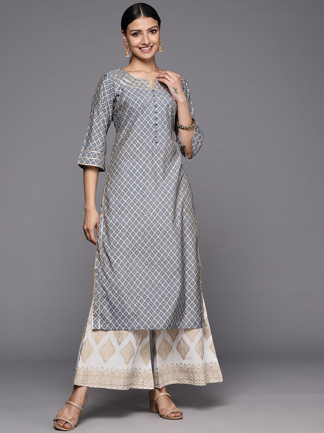 Grey Printed Silk Straight Kurta - Libas 