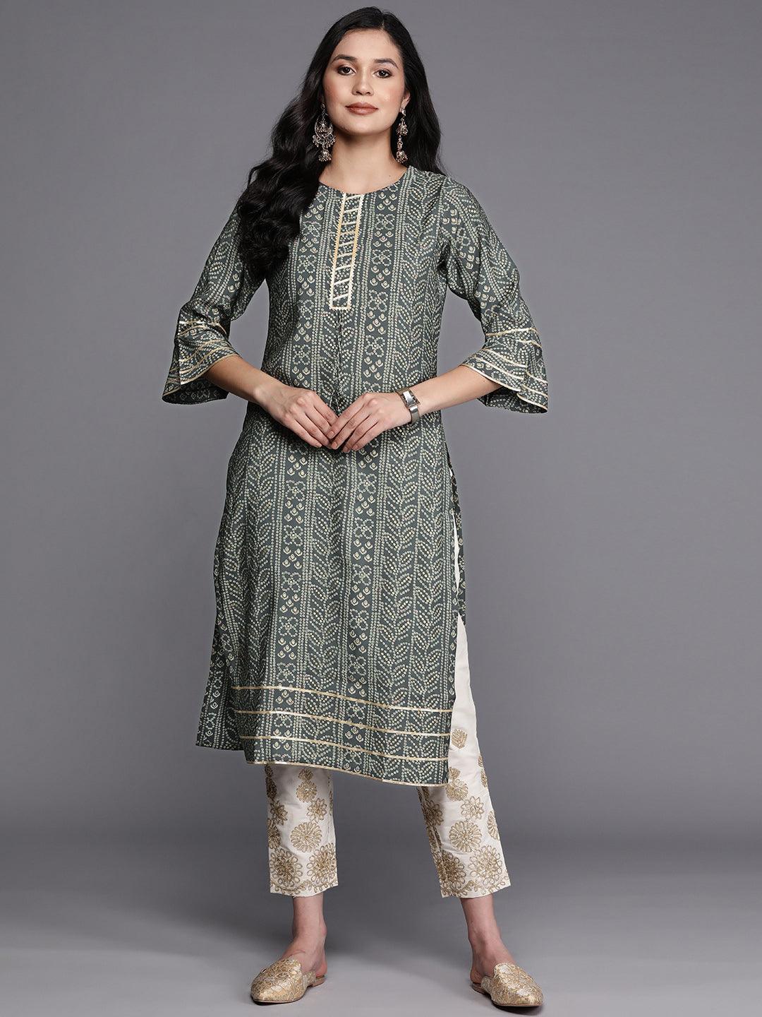 Grey Printed Silk Straight Kurta - Libas 