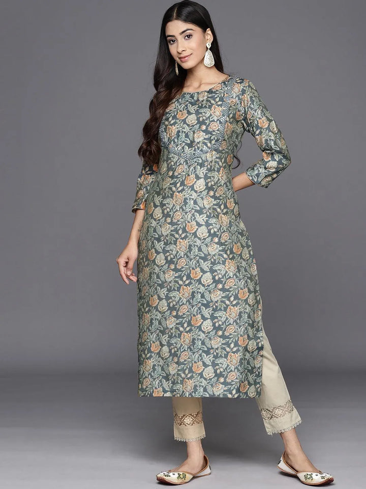 Grey Printed Silk Straight Kurta - Libas