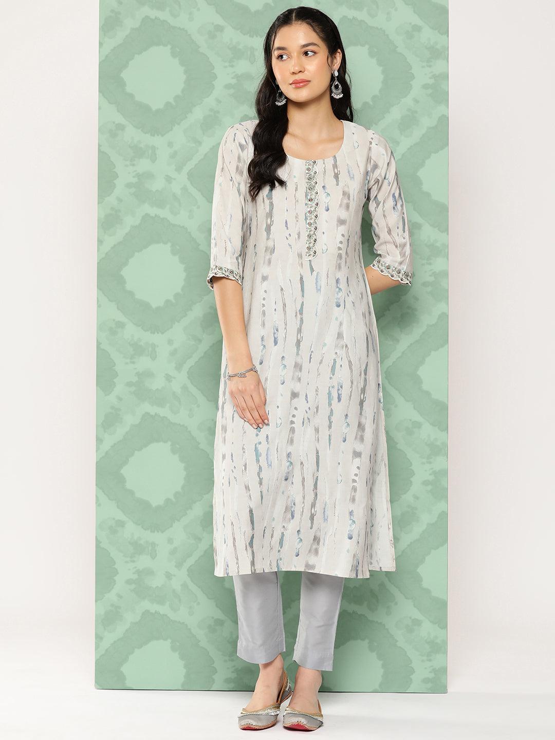 Grey Printed Silk Straight Kurta - Libas