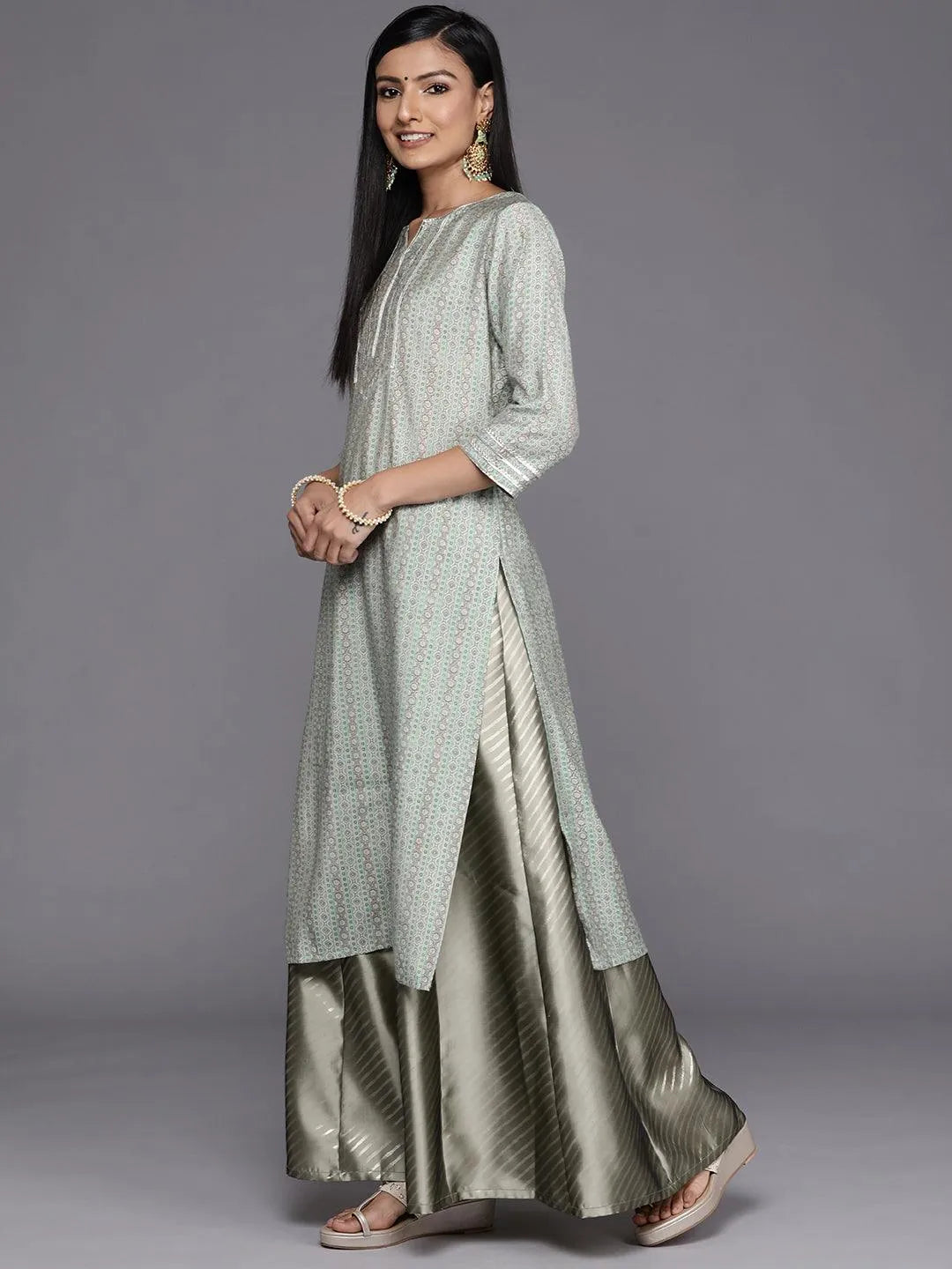 Grey Printed Silk Straight Kurta - Libas 