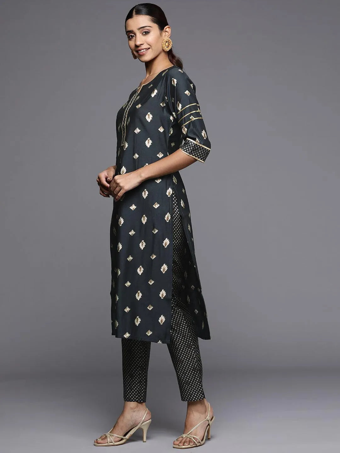 Grey Printed Silk Straight Kurta - Libas 