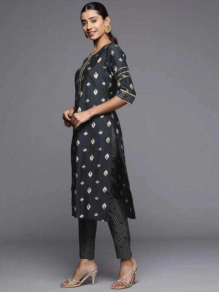 Grey Printed Silk Straight Kurta - Libas