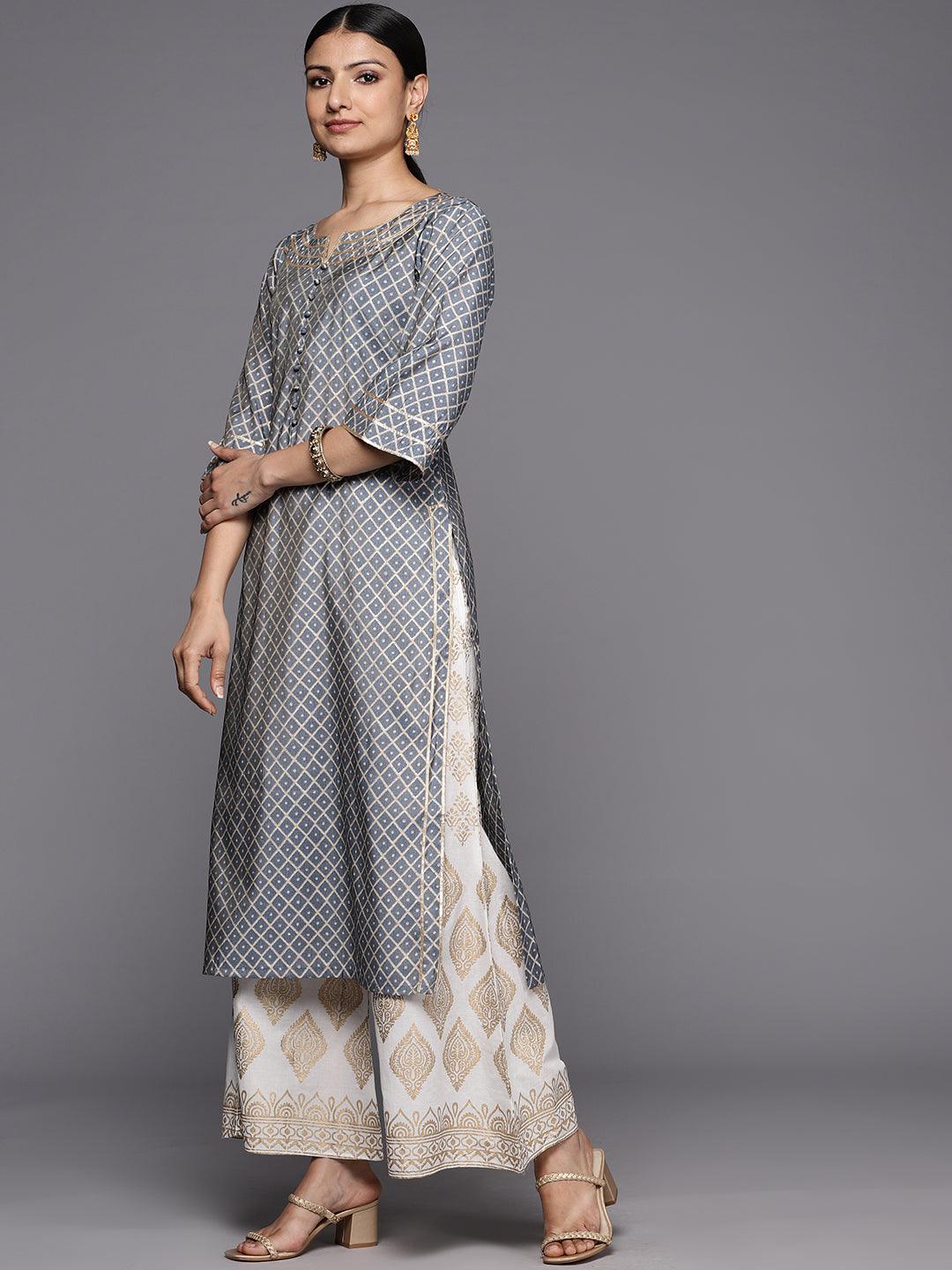 Grey Printed Silk Straight Kurta - Libas 