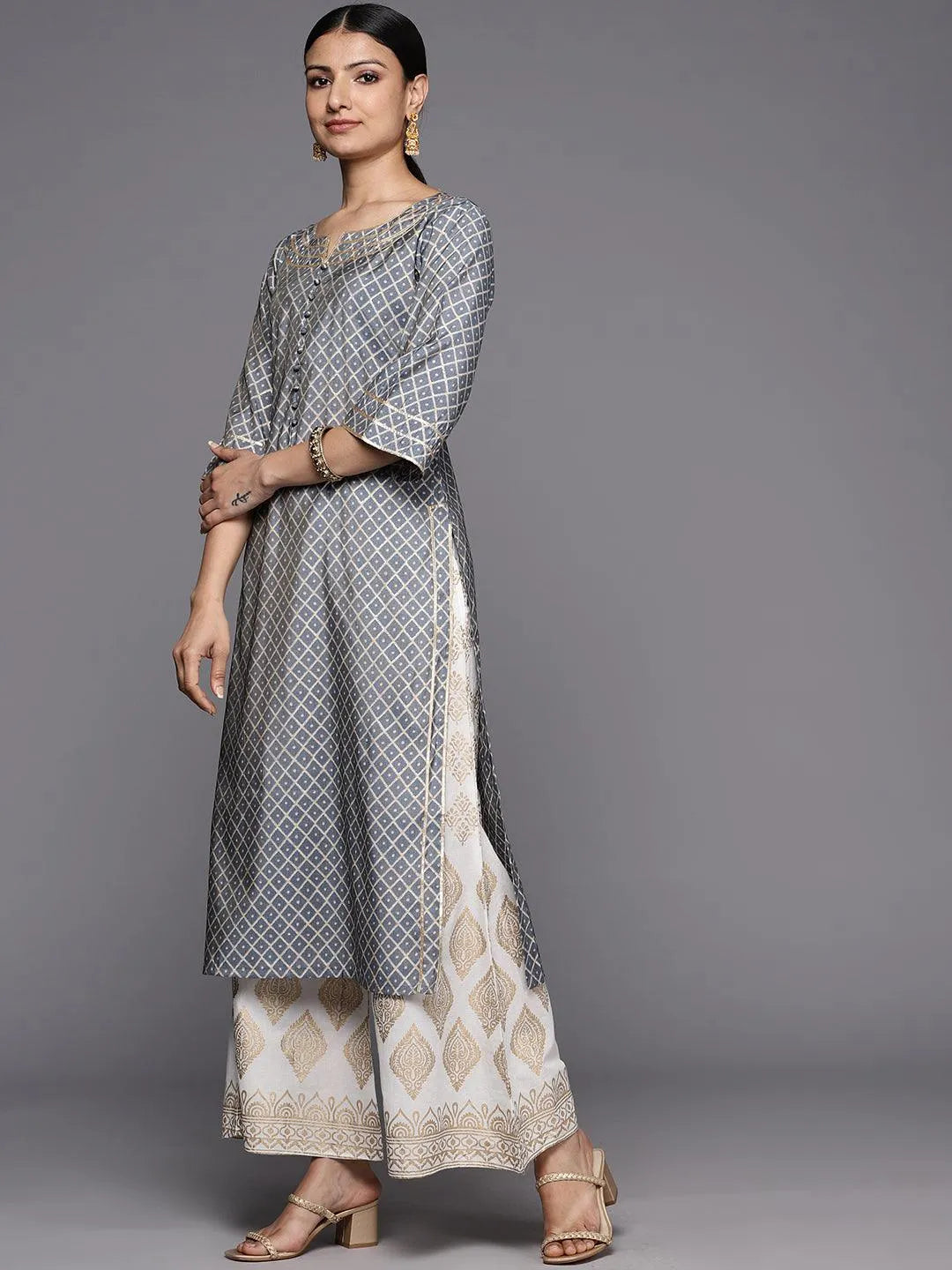 

Grey Printed Silk Straight Kurta