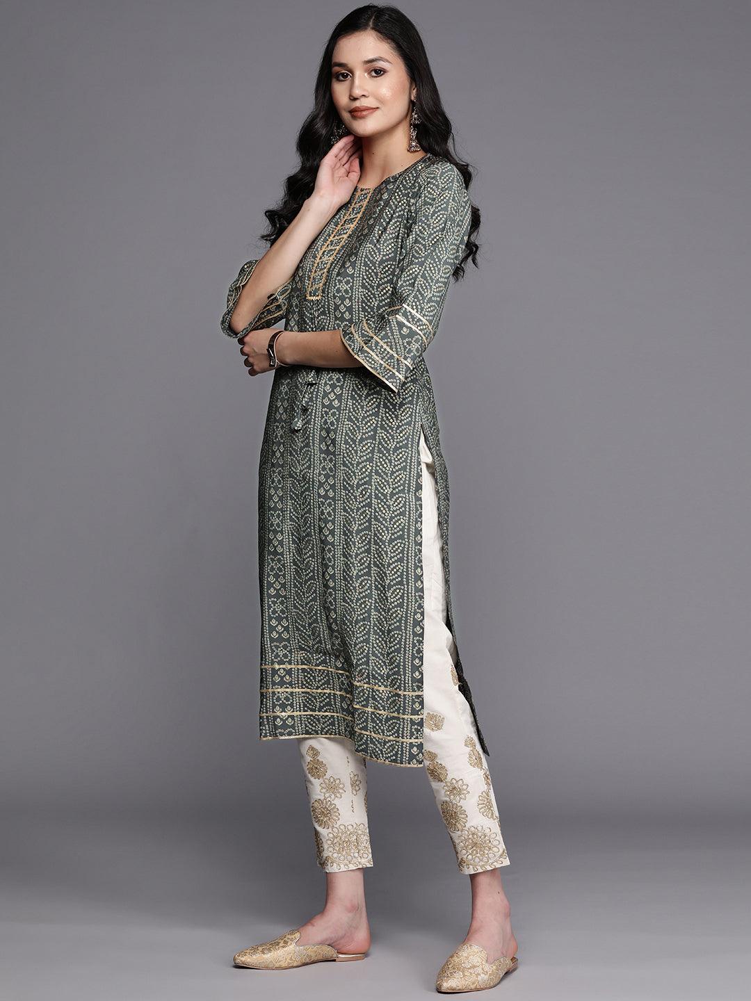 Grey Printed Silk Straight Kurta - Libas 