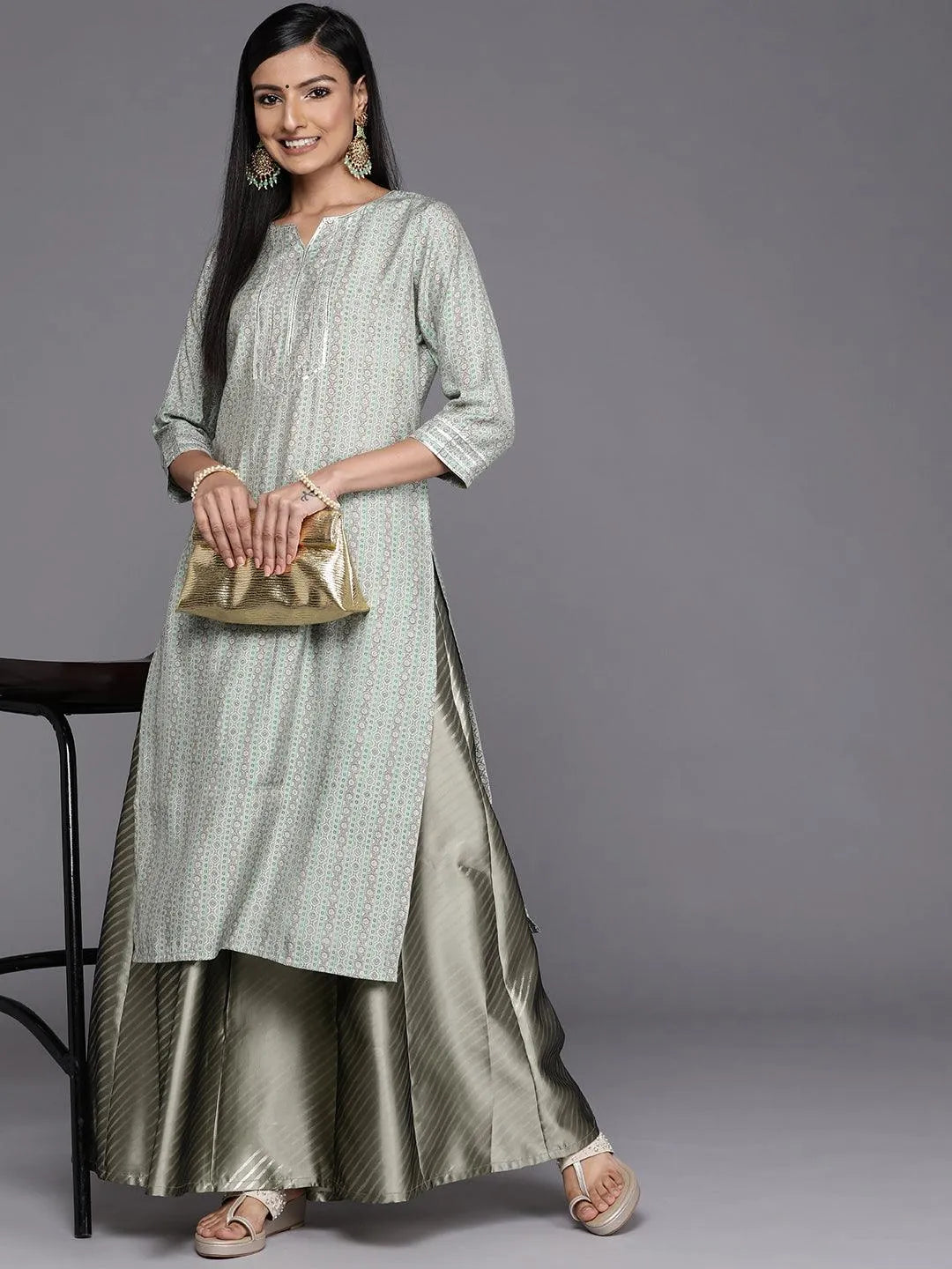 Grey Printed Silk Straight Kurta - Libas 