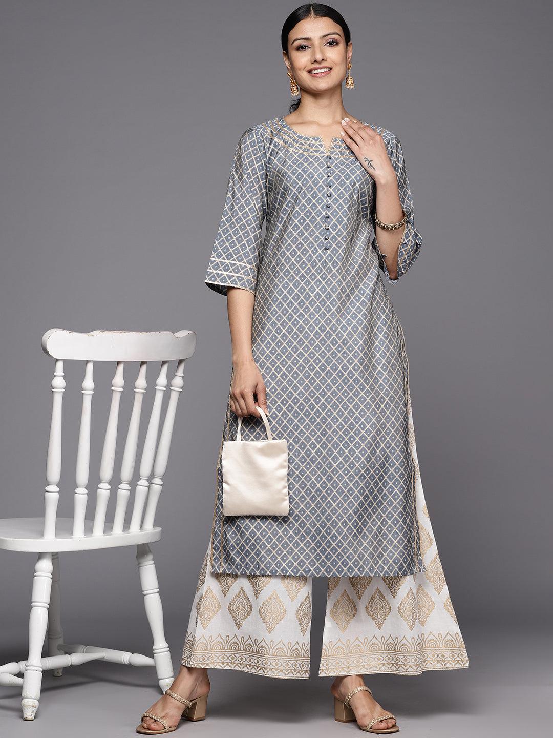 Grey Printed Silk Straight Kurta - Libas