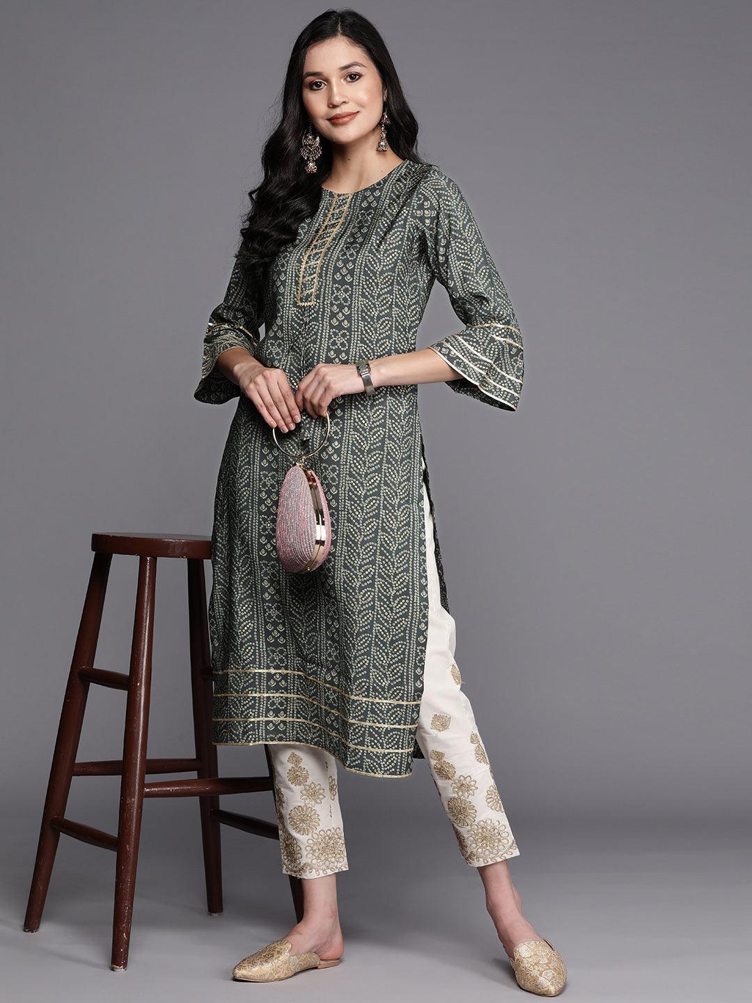 Grey Printed Silk Straight Kurta - Libas