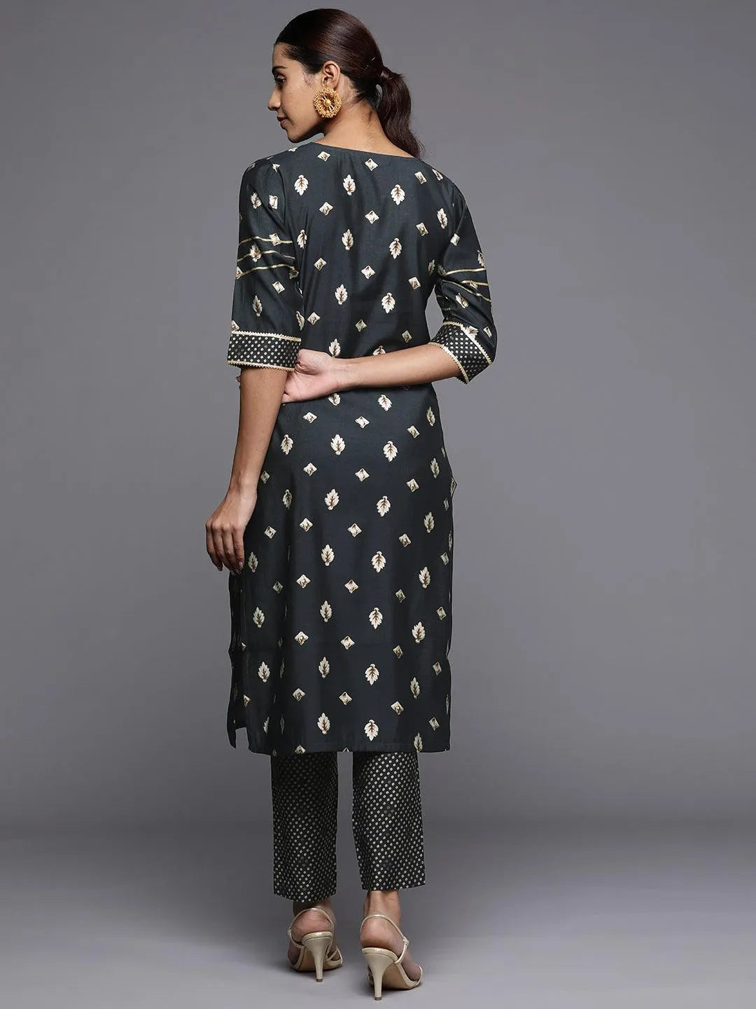 Grey Printed Silk Straight Kurta - Libas 