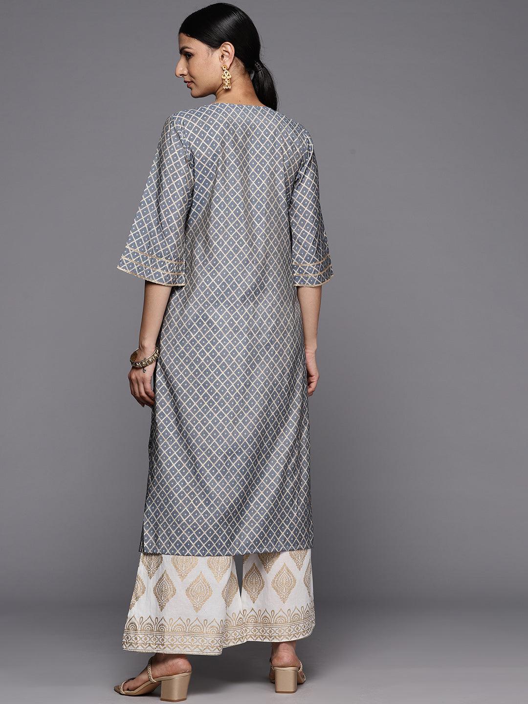 Grey Printed Silk Straight Kurta - Libas 