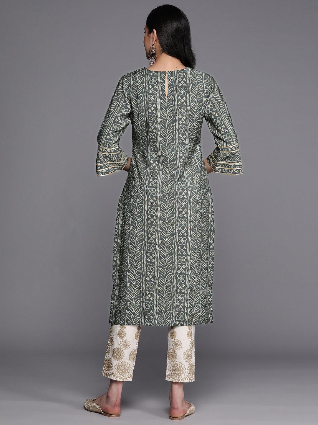 Grey Printed Silk Straight Kurta - Libas