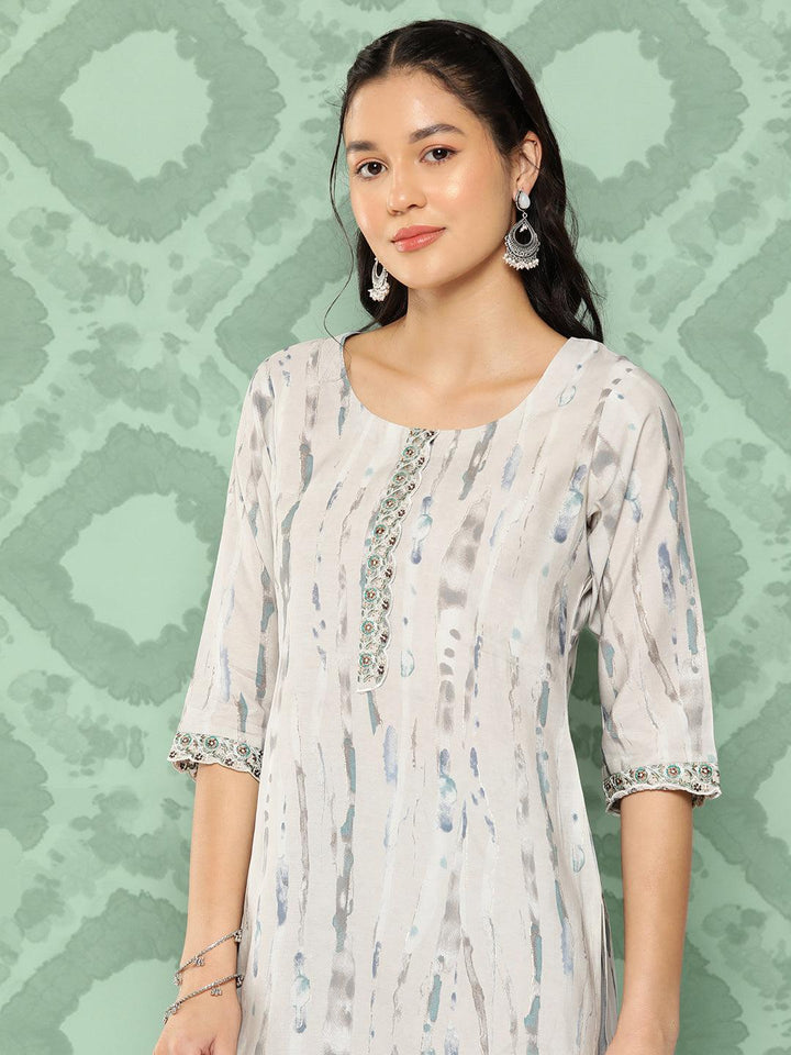 Grey Printed Silk Straight Kurta - Libas