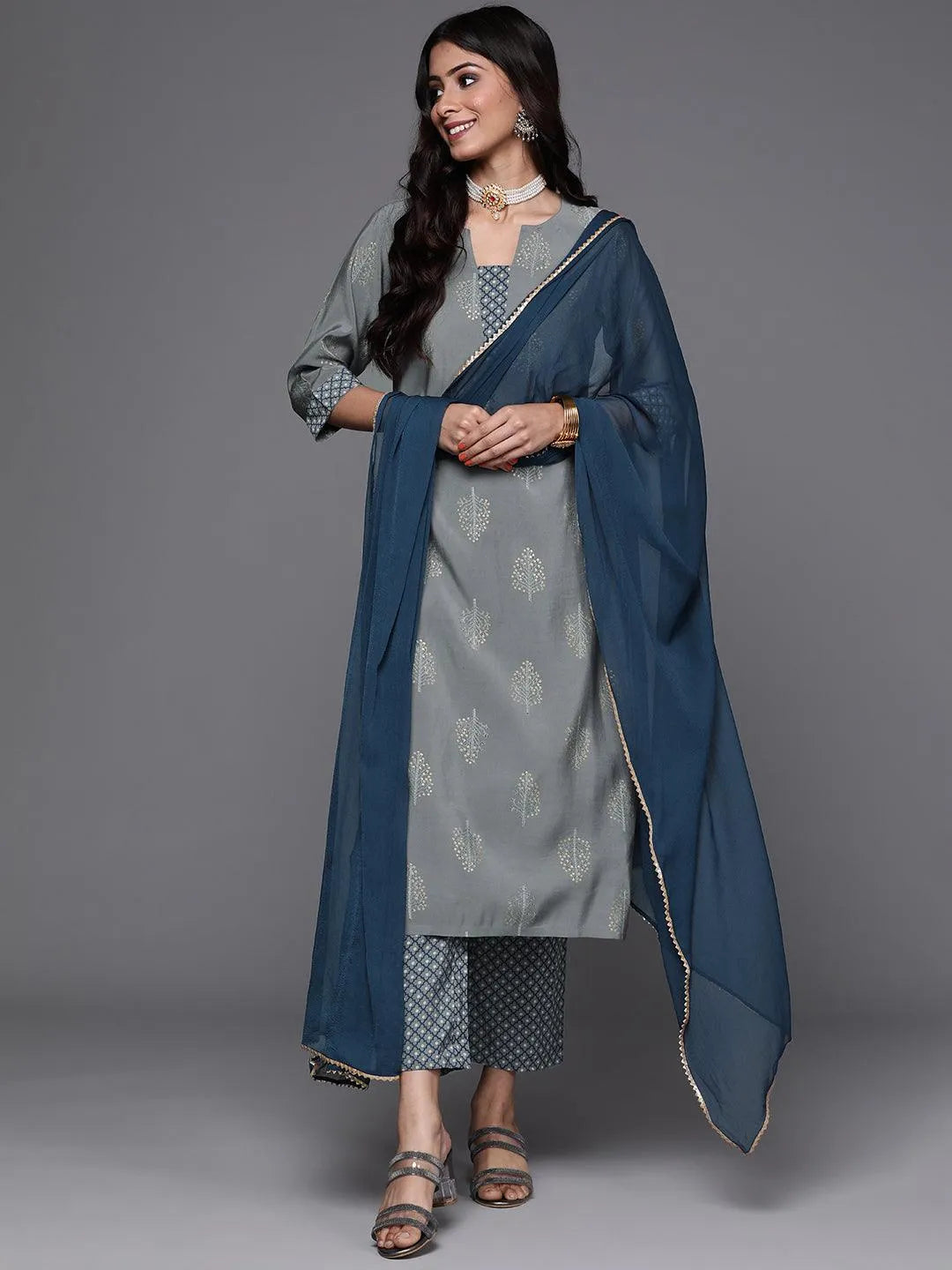 Grey Printed Silk Suit Set - Libas