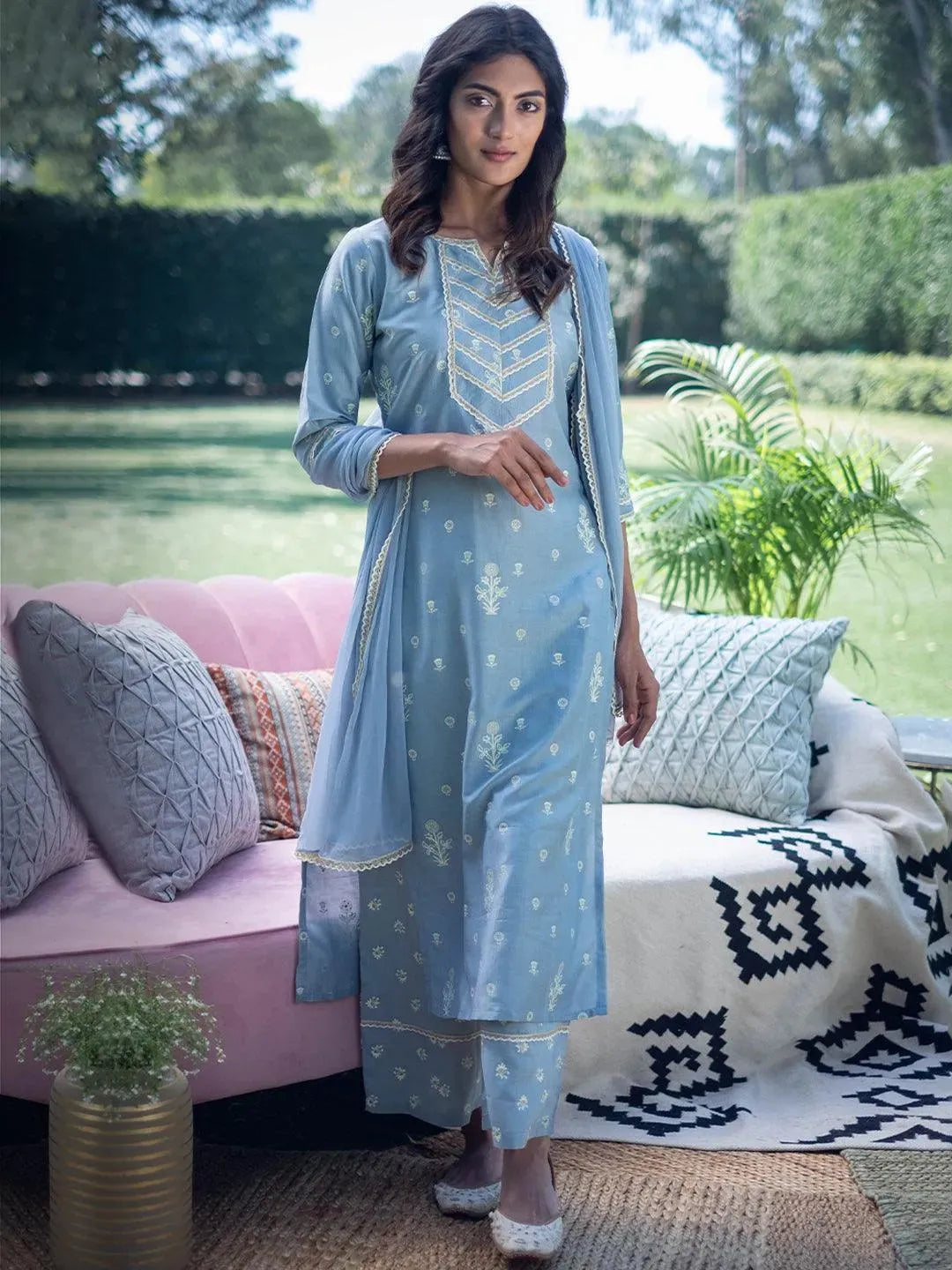 

Buy Grey Printed Silk Straight Suit Set