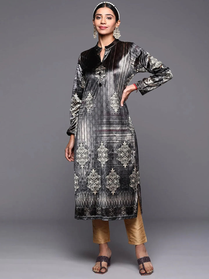 Grey Printed Velvet Straight Kurta - Libas