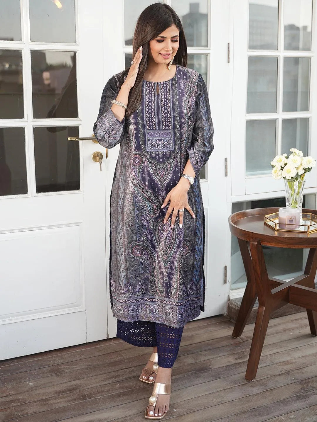 Grey Printed Velvet Straight Kurta - Libas