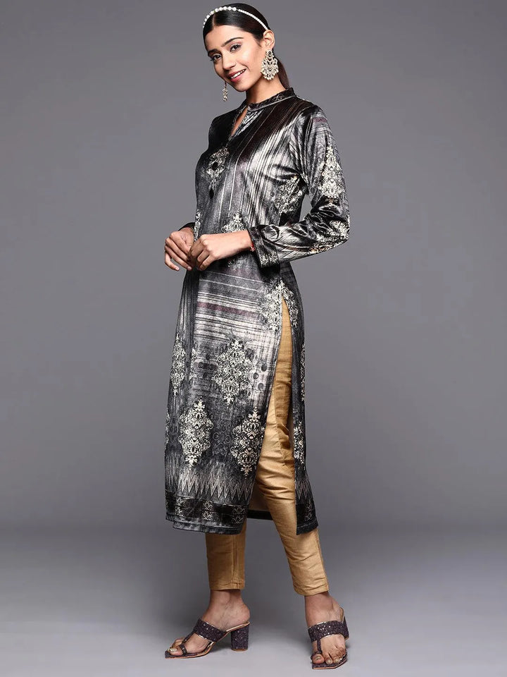 Grey Printed Velvet Straight Kurta - Libas