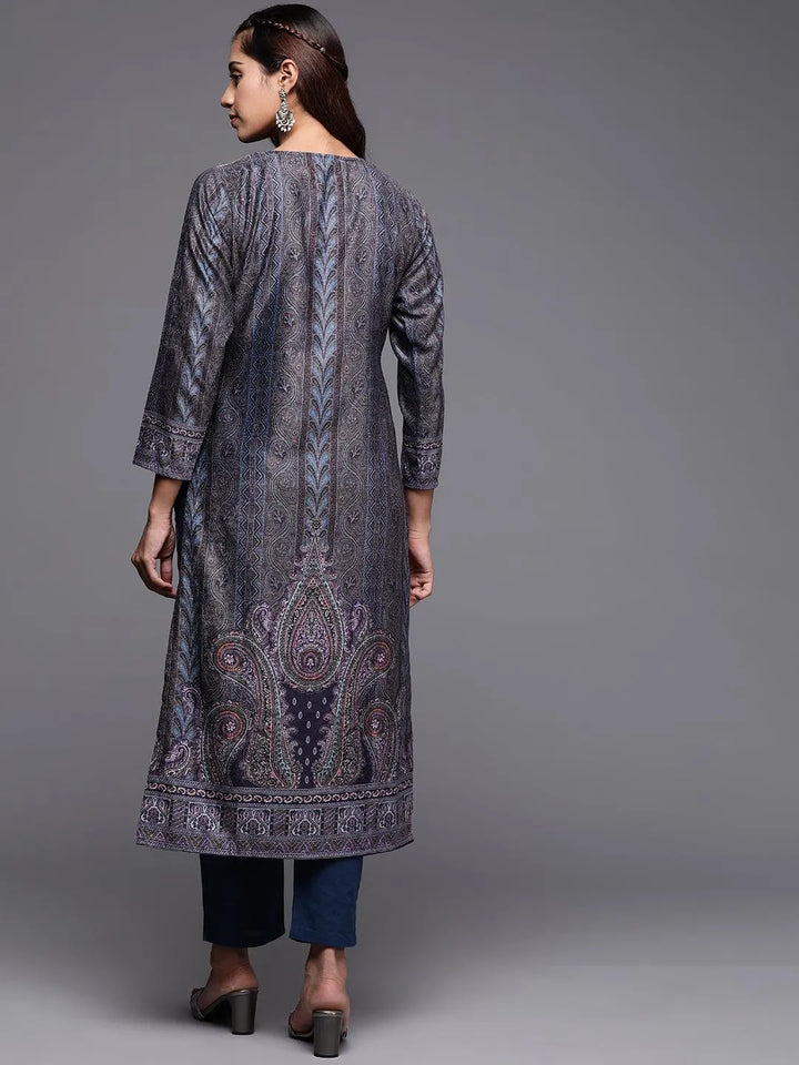 Grey Printed Velvet Straight Kurta - Libas