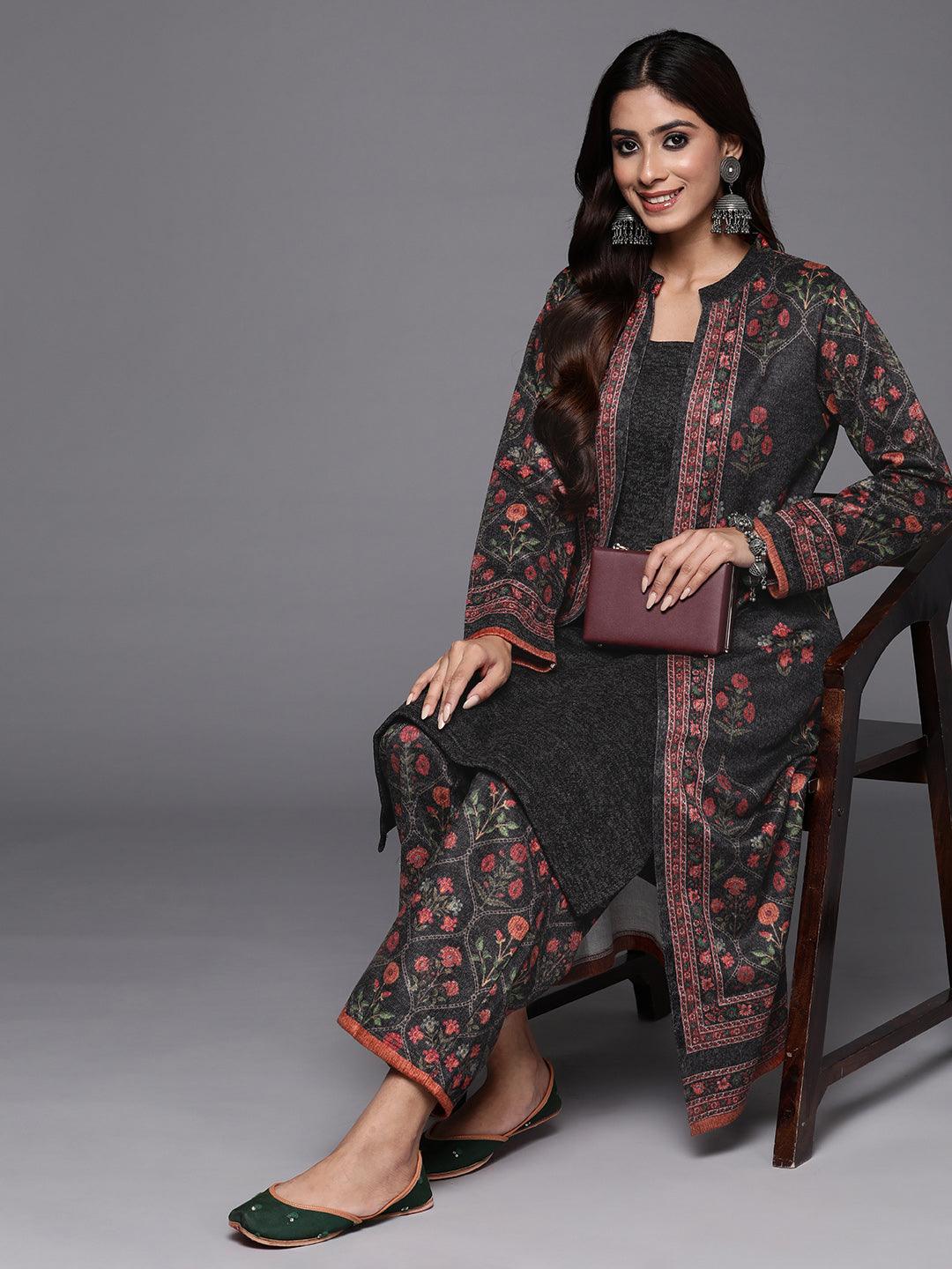 Grey Printed Wool Blend Straight Kurta With Trousers - Libas