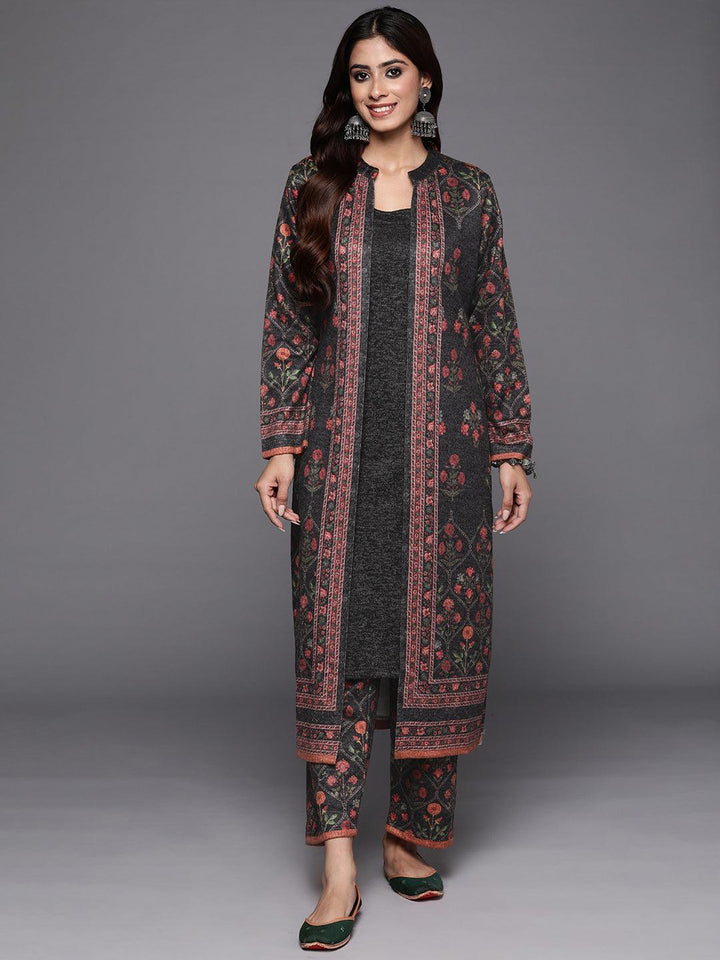 Grey Printed Wool Blend Straight Kurta With Trousers - Libas