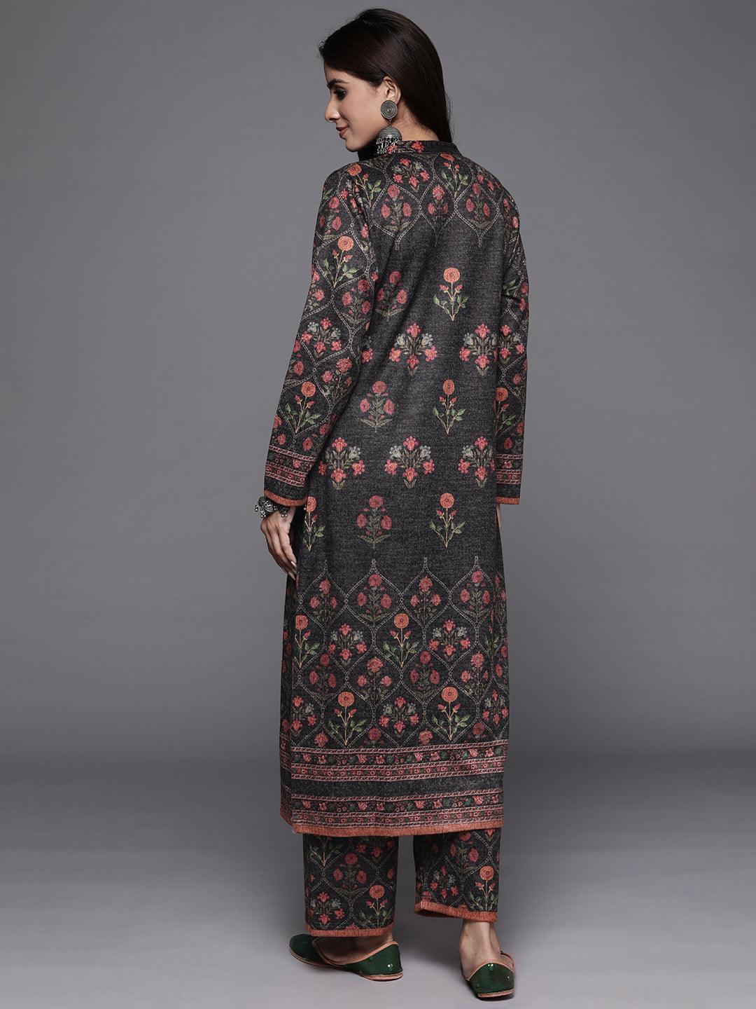 Grey Printed Wool Blend Straight Kurta With Trousers - Libas