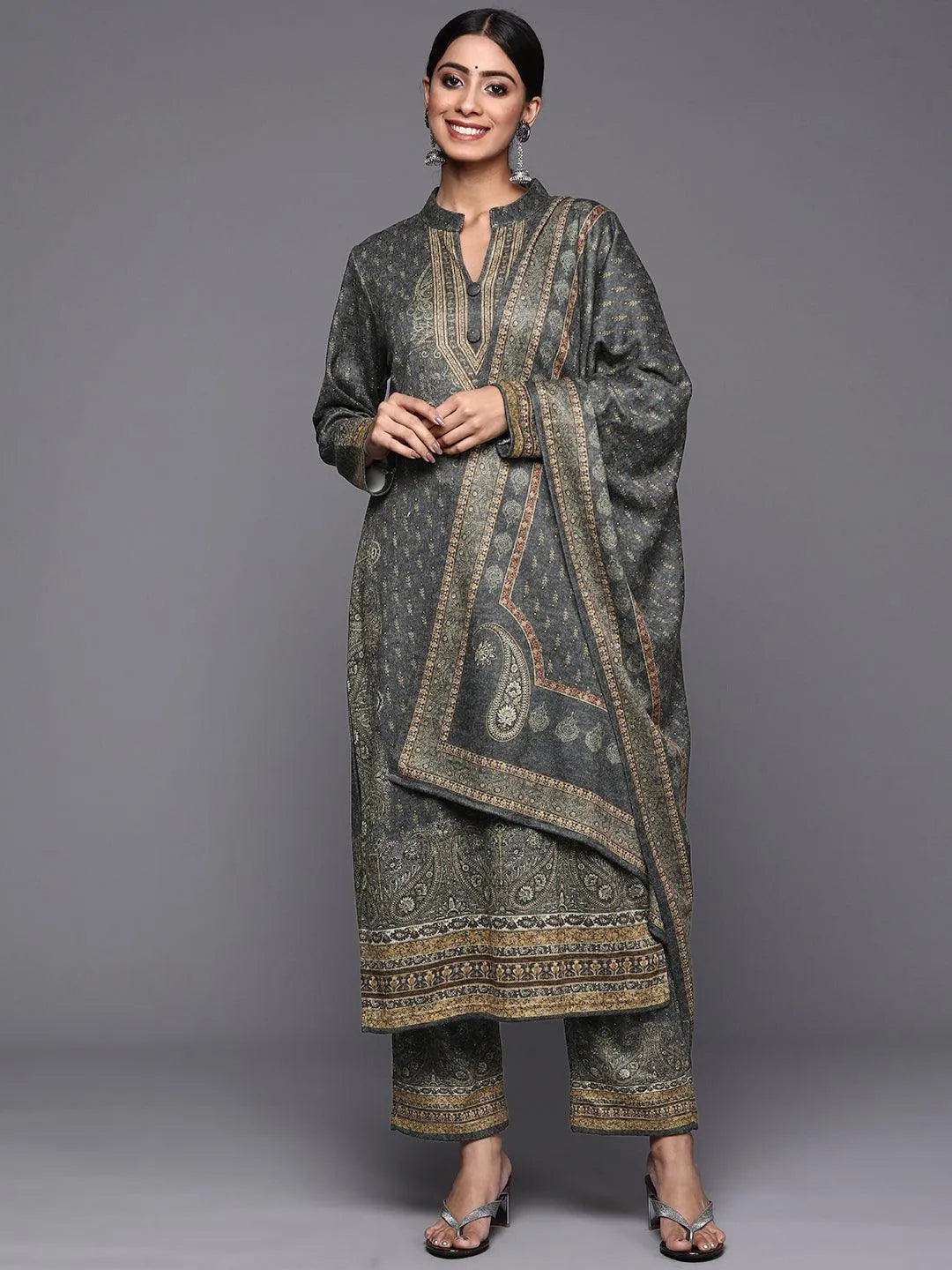 Grey Printed Wool Straight Suit Set - Libas