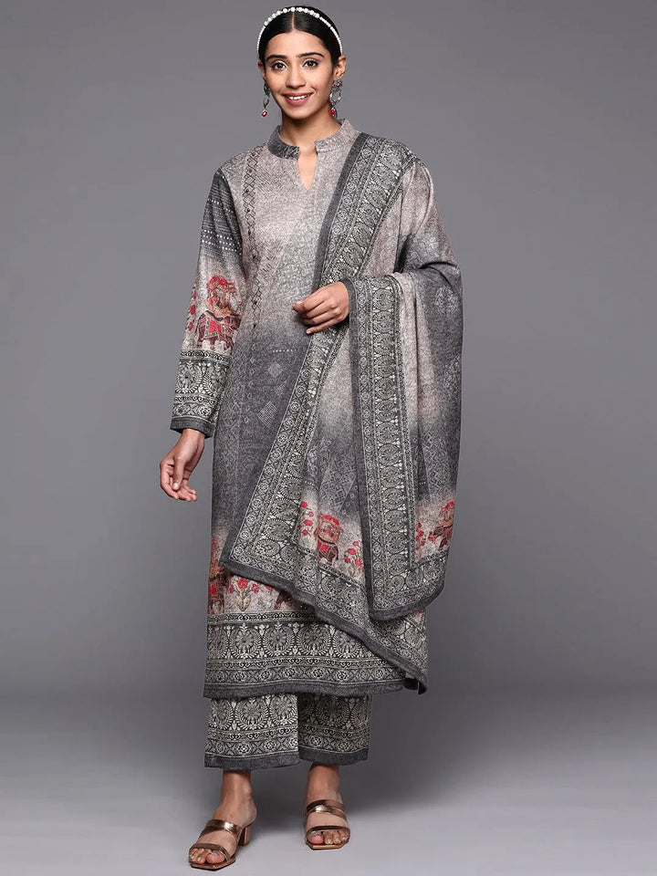 Grey Printed Wool Straight Suit Set - Libas