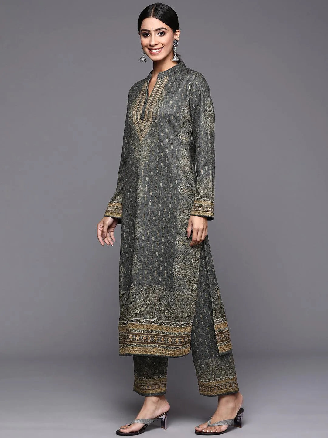 Grey Printed Wool Straight Suit Set - Libas