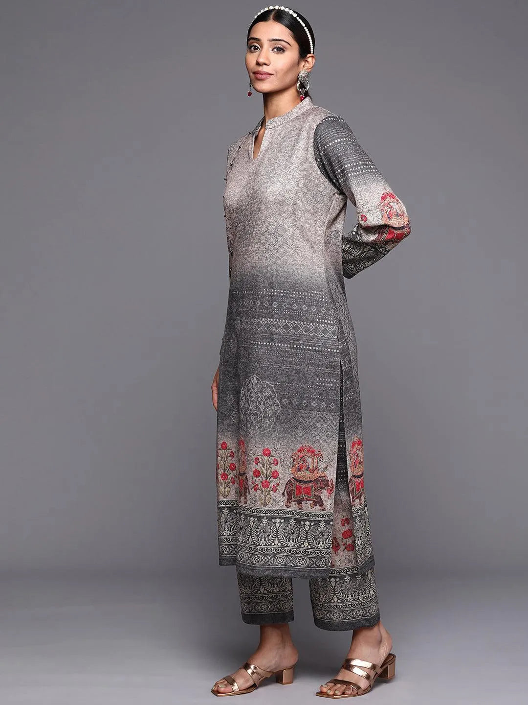 Grey Printed Wool Straight Suit Set - Libas