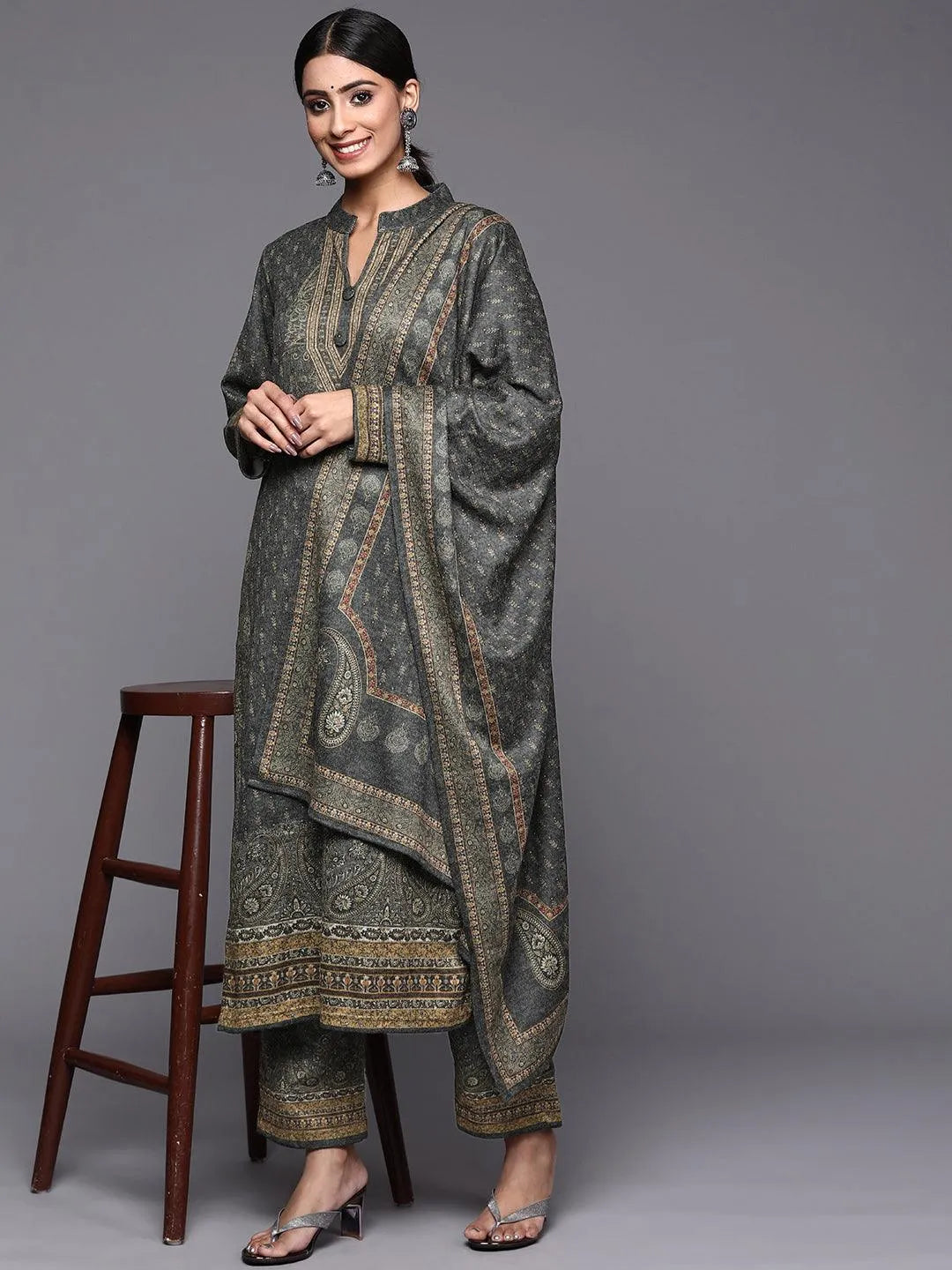 Grey Printed Wool Straight Suit Set - Libas