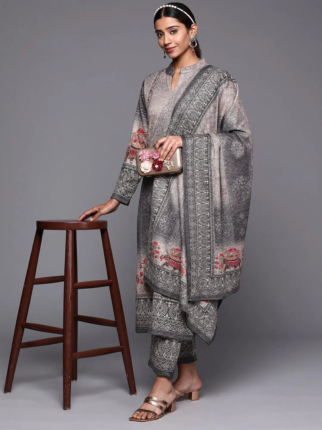 Grey Printed Wool Straight Suit Set - Libas