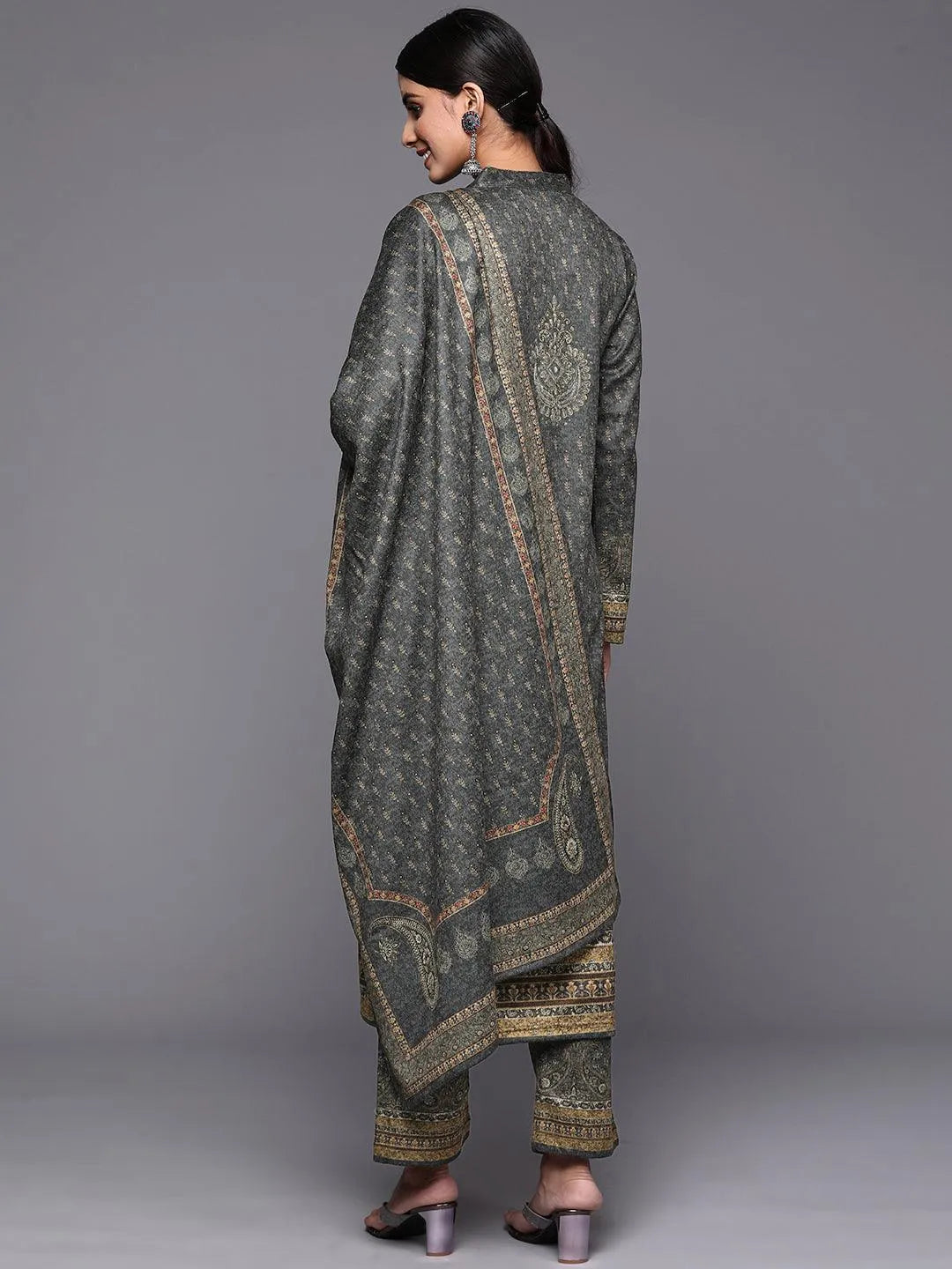 Grey Printed Wool Straight Suit Set - Libas