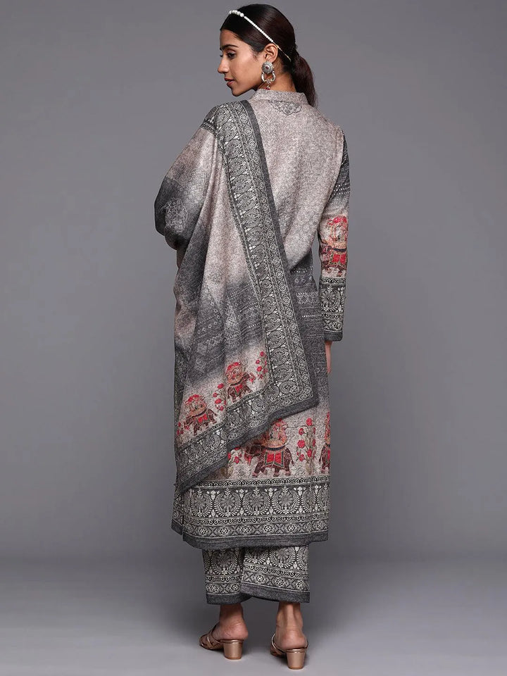 Grey Printed Wool Straight Suit Set - Libas