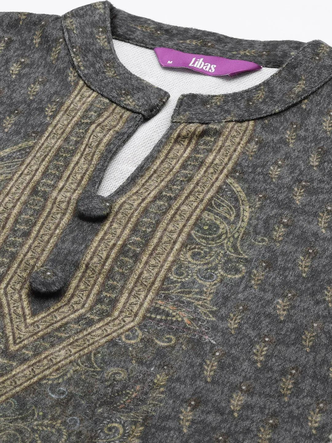 Grey Printed Wool Straight Suit Set - Libas