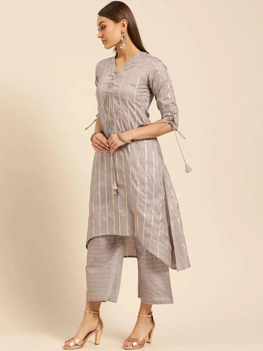 Grey Self Design Chanderi Kurta Set - Libas 