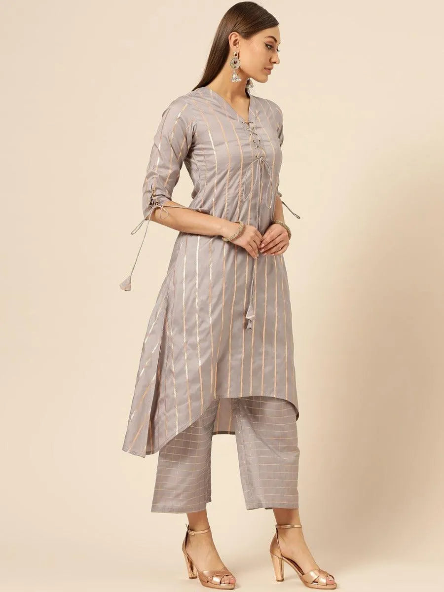 Grey Self Design Chanderi Kurta Set - Libas