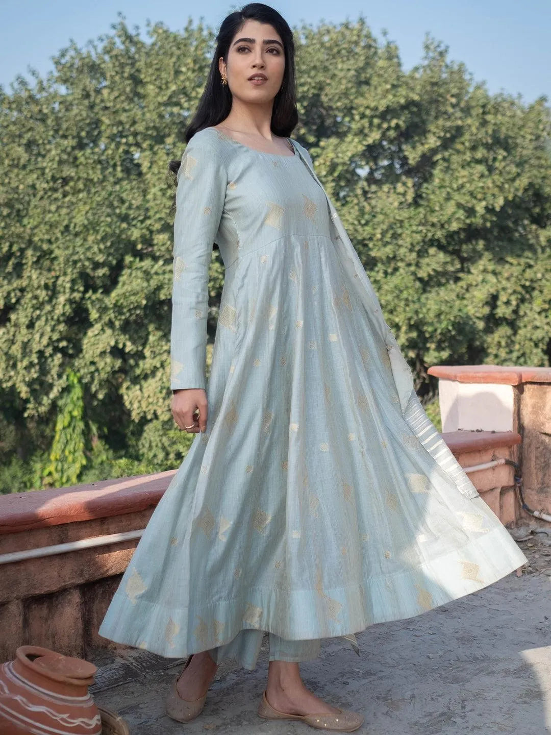 Grey Self Design Chanderi Silk Suit Set - Libas 