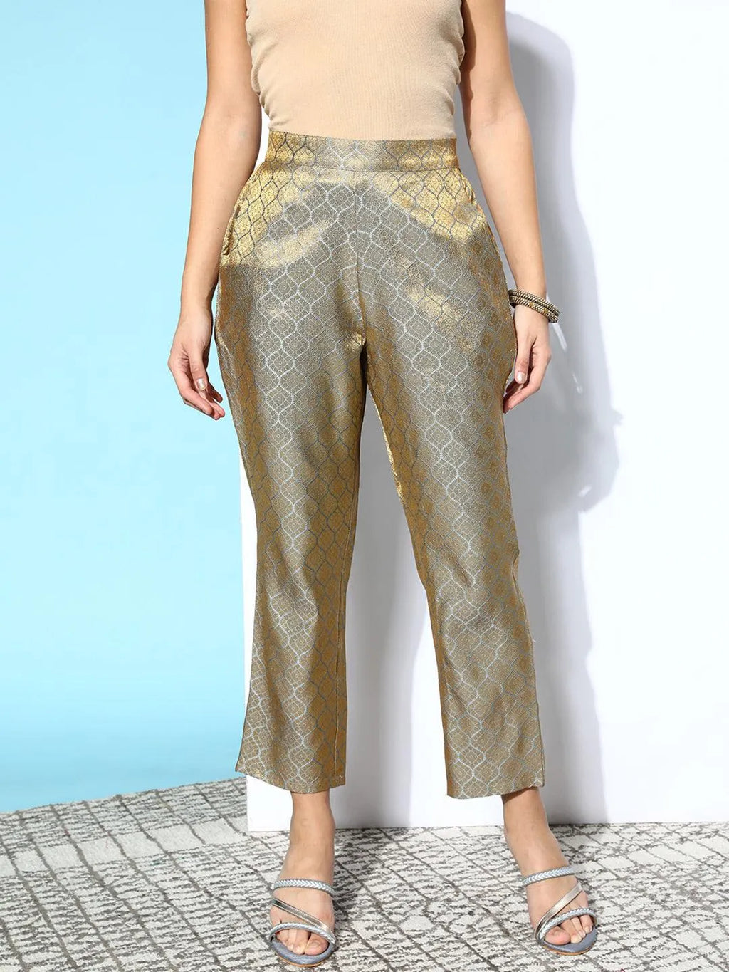 Buy Grey Self Design Jacquard Trousers Online | Libas