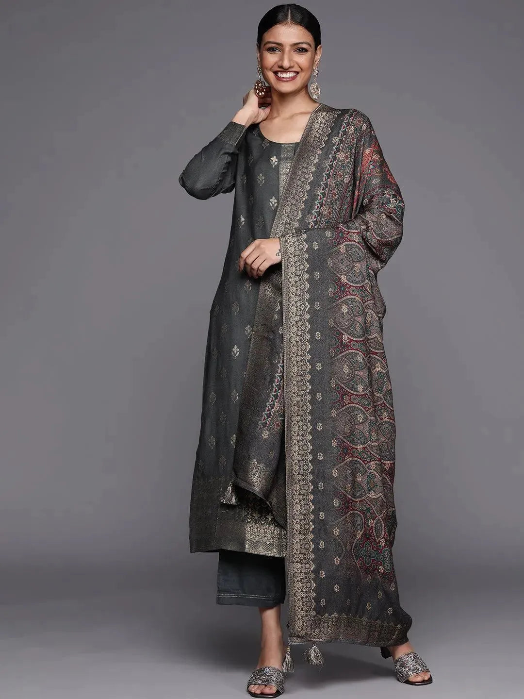 

Grey Self Design Pashmina Wool Straight Kurta With Dupatta