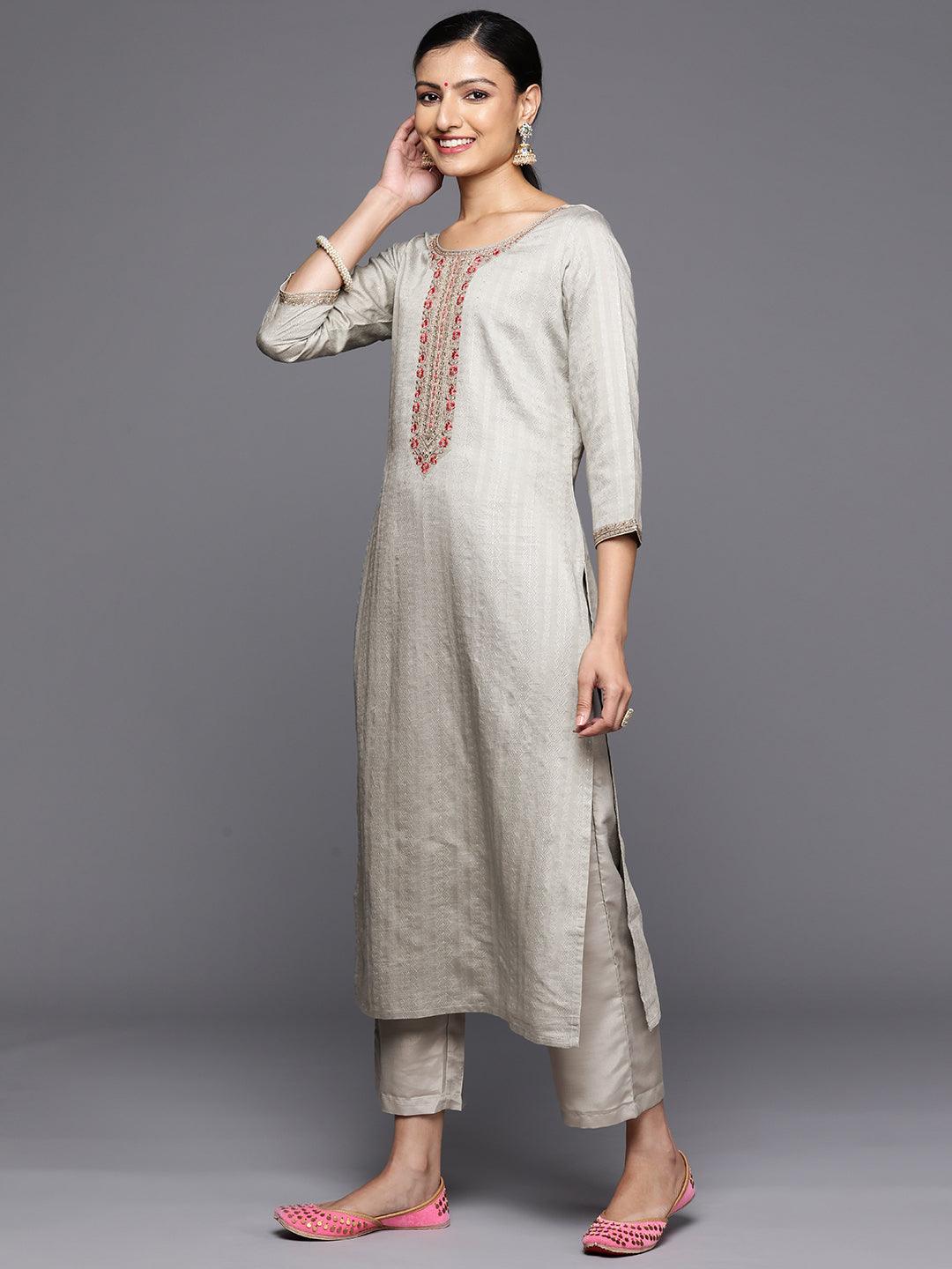 Grey Self Design Rayon Straight Kurta With Trousers & Dupatta - Libas