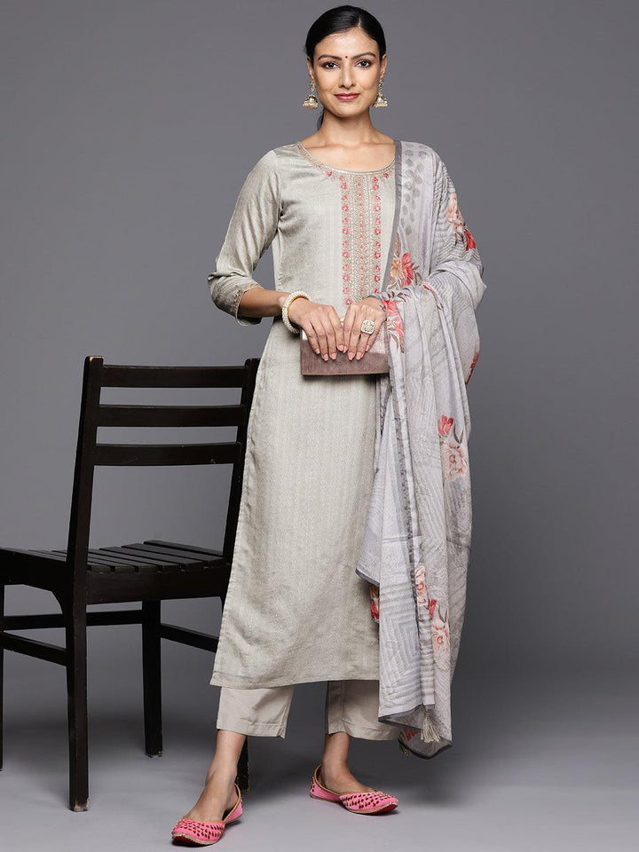 Grey Self Design Rayon Straight Kurta With Trousers & Dupatta - Libas